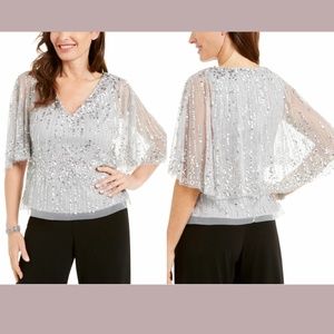 NEW Adrianna Pappel [ 2 ] Beaded Sequined V Neck‎ Capelet Top Silver